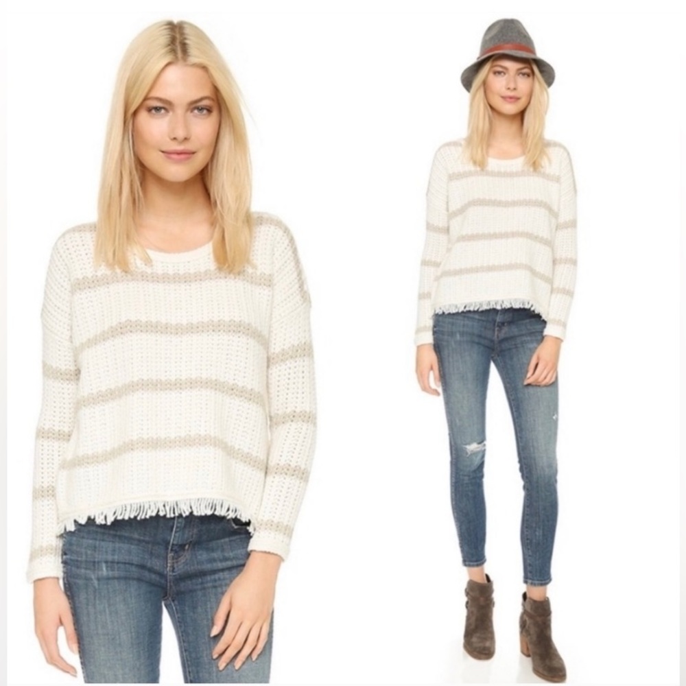 *Madewell Ester Merino Wool Alpaca Blend Ivory Tan Striped Fringe Sweater #MBG